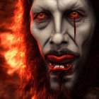 Sinister figure with red eyes, vampire fangs, and blood, against fiery background