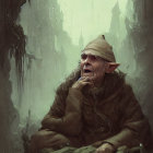 Fantasy creature with pointed ears in hooded cloak, surrounded by misty forest.