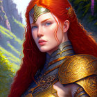 Regal woman with red hair in golden armor at fantasy castle.