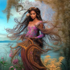 Fantastical woman in ornate dress by serene water and flowers