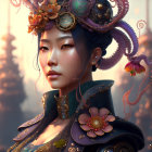 Digital artwork: Woman with steampunk headpiece & flowers on blurred background