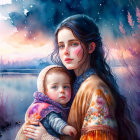 Illustrated woman with blue hair and child in colorful shawl by lake at twilight