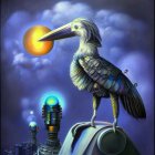 Illustration of large bird with mechanical body and glowing orb on futuristic structure
