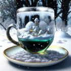 Snowy Winter Landscape in Transparent Cup on Patterned Saucer