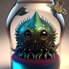 Teal tentacled creature in jar with purple eyes