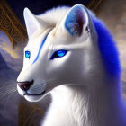 White wolf with blue eyes and markings in dramatic sky scene