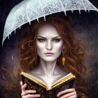 Red-haired woman with book and lace umbrella against dark background