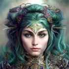 Fantastical digital artwork of woman with turquoise hair and golden headpiece.