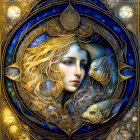 Fantasy-themed illustration of woman's face with celestial creatures in circular frame