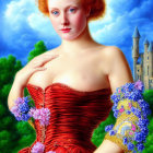 Regal woman in red dress with blue sleeves near castle under blue sky