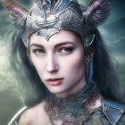 Digital artwork: Person in fantasy armor with horned helmet, determined expression, ethereal background.