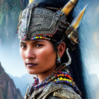Elaborate traditional attire with feathered headdress and metal armor against mountain backdrop