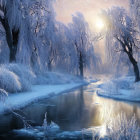 Tranquil winter landscape with frost-covered trees and reflective river