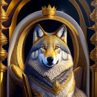 Regal anthropomorphic wolf in golden armor on ornate throne