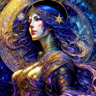 Illustrated female figure in blue hair and golden armor on cosmic background.