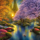 Colorful forest scene with pink and purple trees, serene river, moss-covered stones, and warm sunrise
