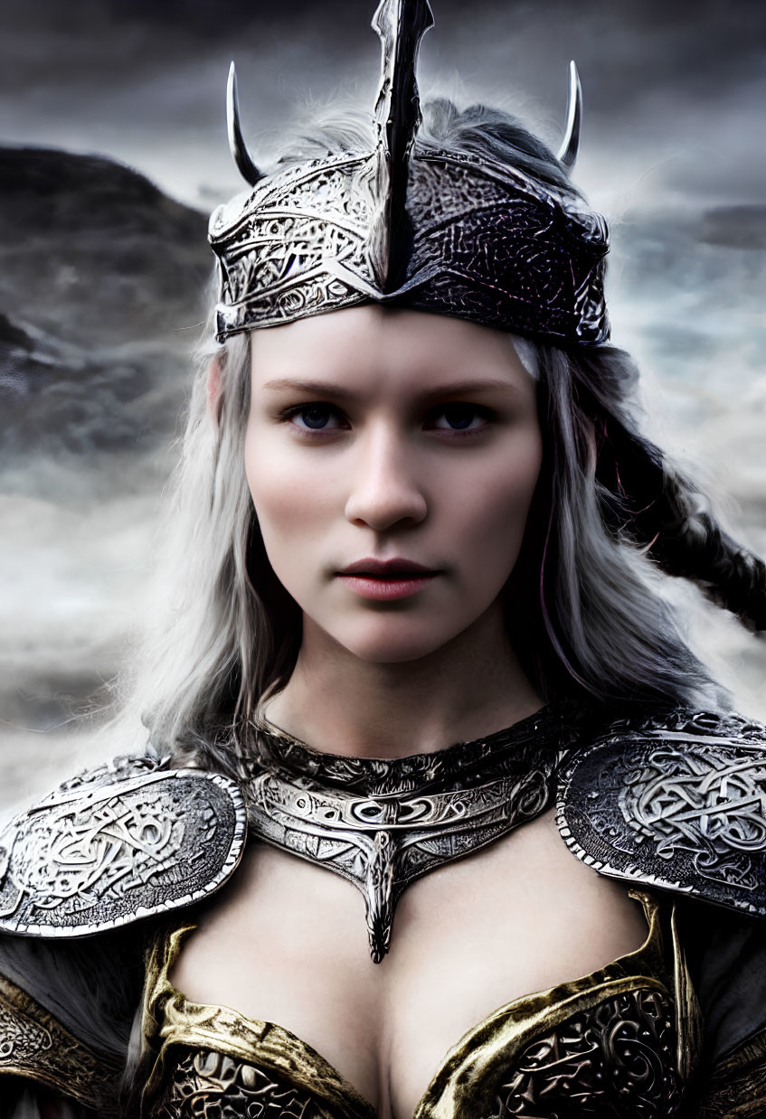 Serious woman in ornate armor against stormy mountain backdrop