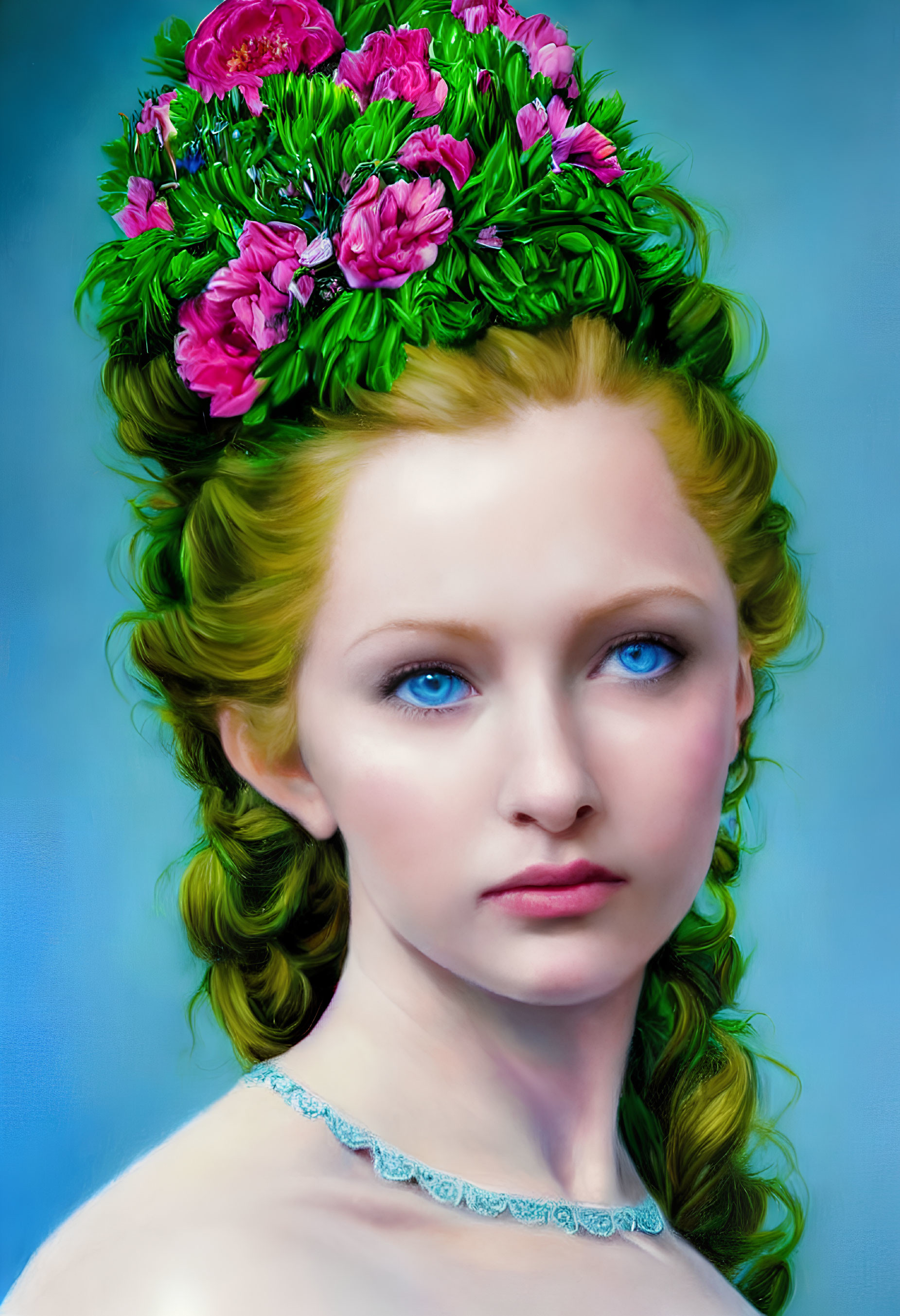 Illustration: Woman with Blue Eyes, Green Hair, and Pink Flowers