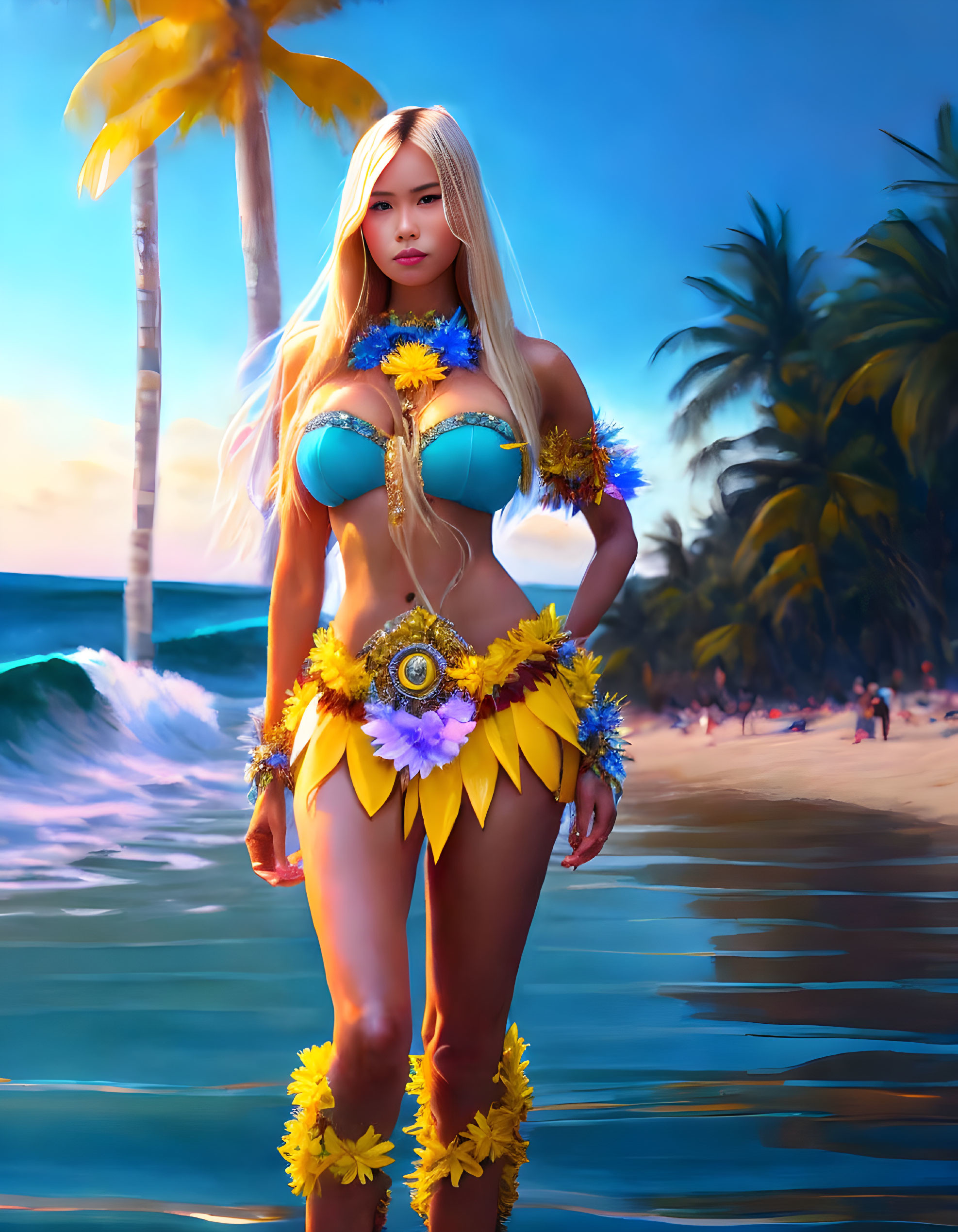 Colorful Bikini-Clad Character on Beach with Palm Trees at Sunset