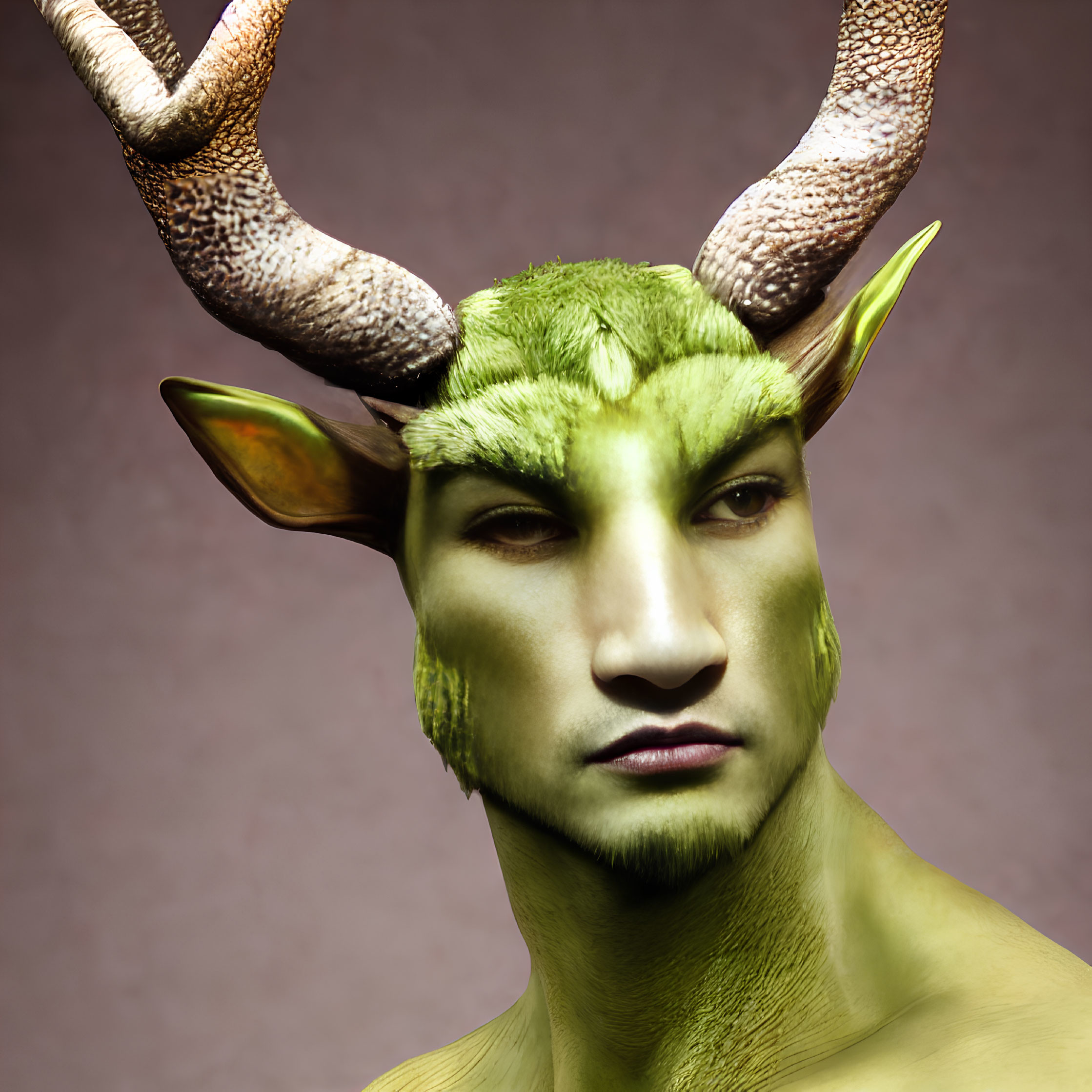 Artistic makeup featuring antlers, green skin, and pointed ears on pink background