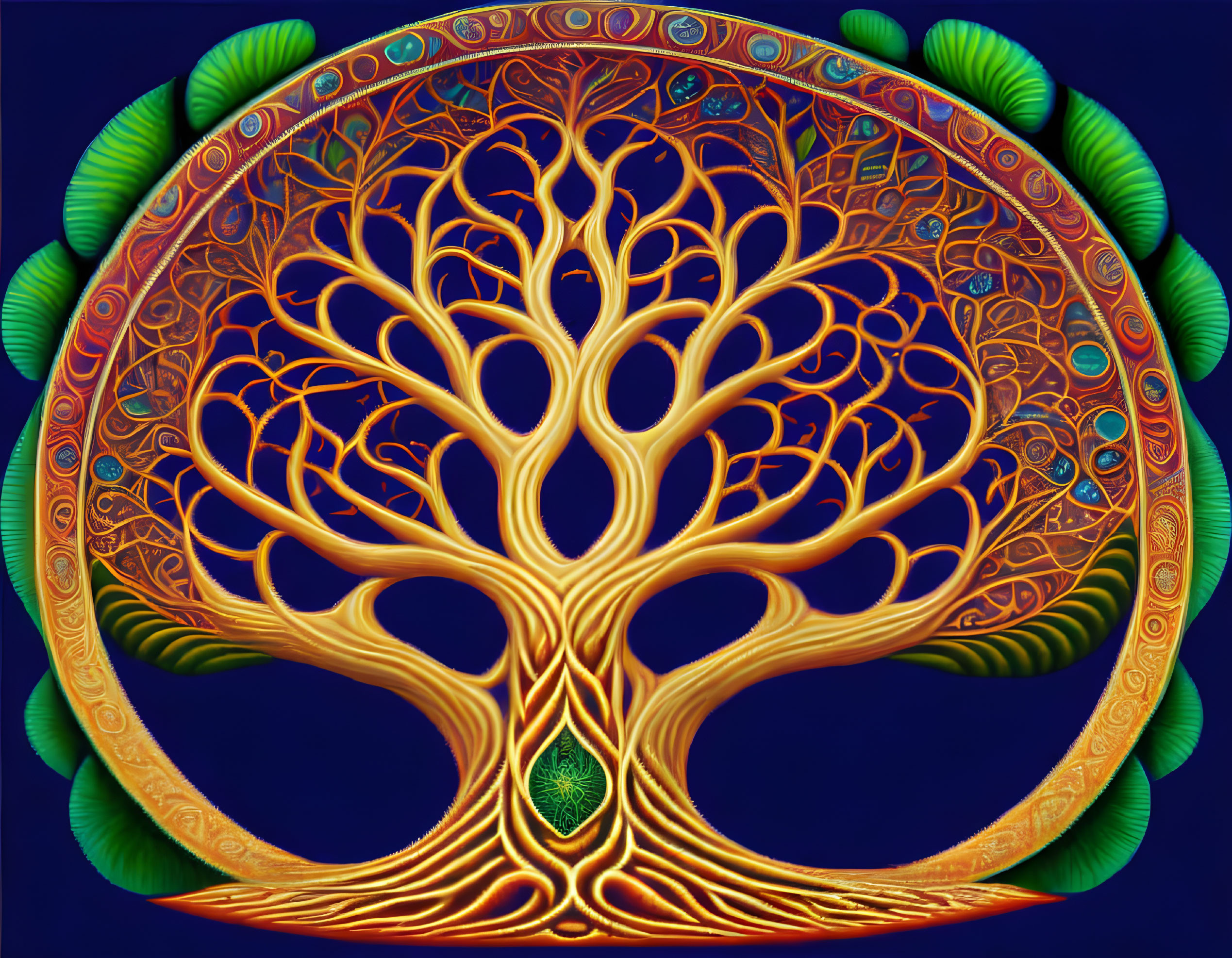Symmetrical fractal tree with leafy border on dark blue background
