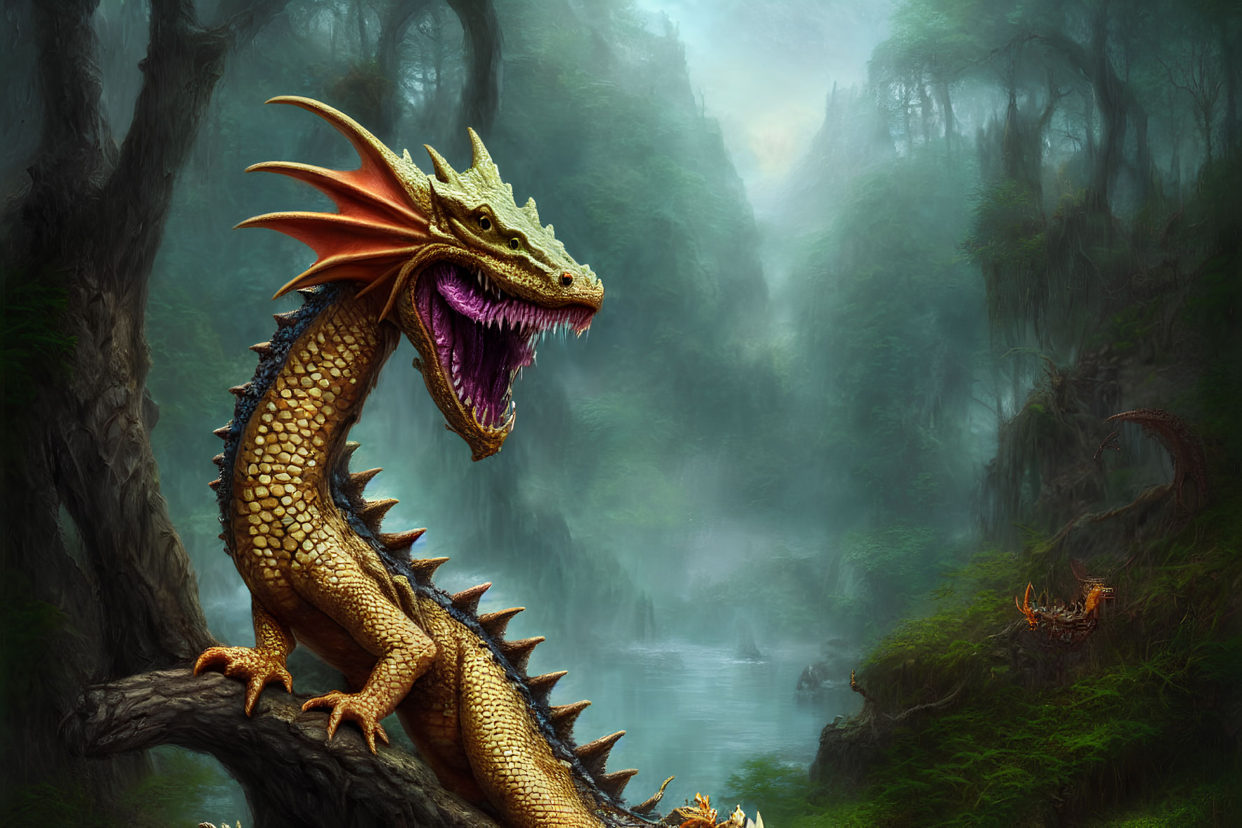 Golden dragon perched on tree in misty forest with river and smaller dragons.