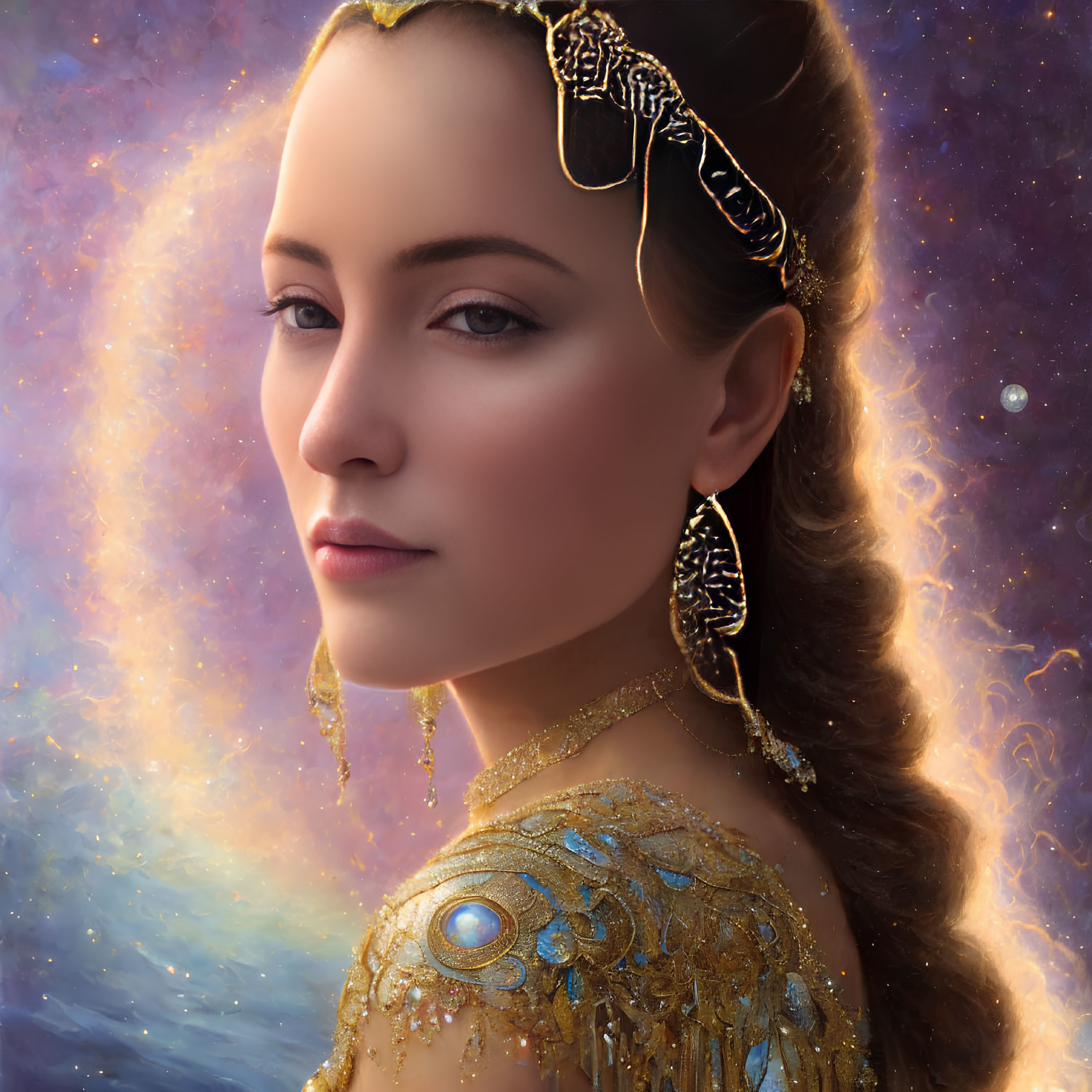 Ethereal woman adorned in golden jewelry on cosmic backdrop