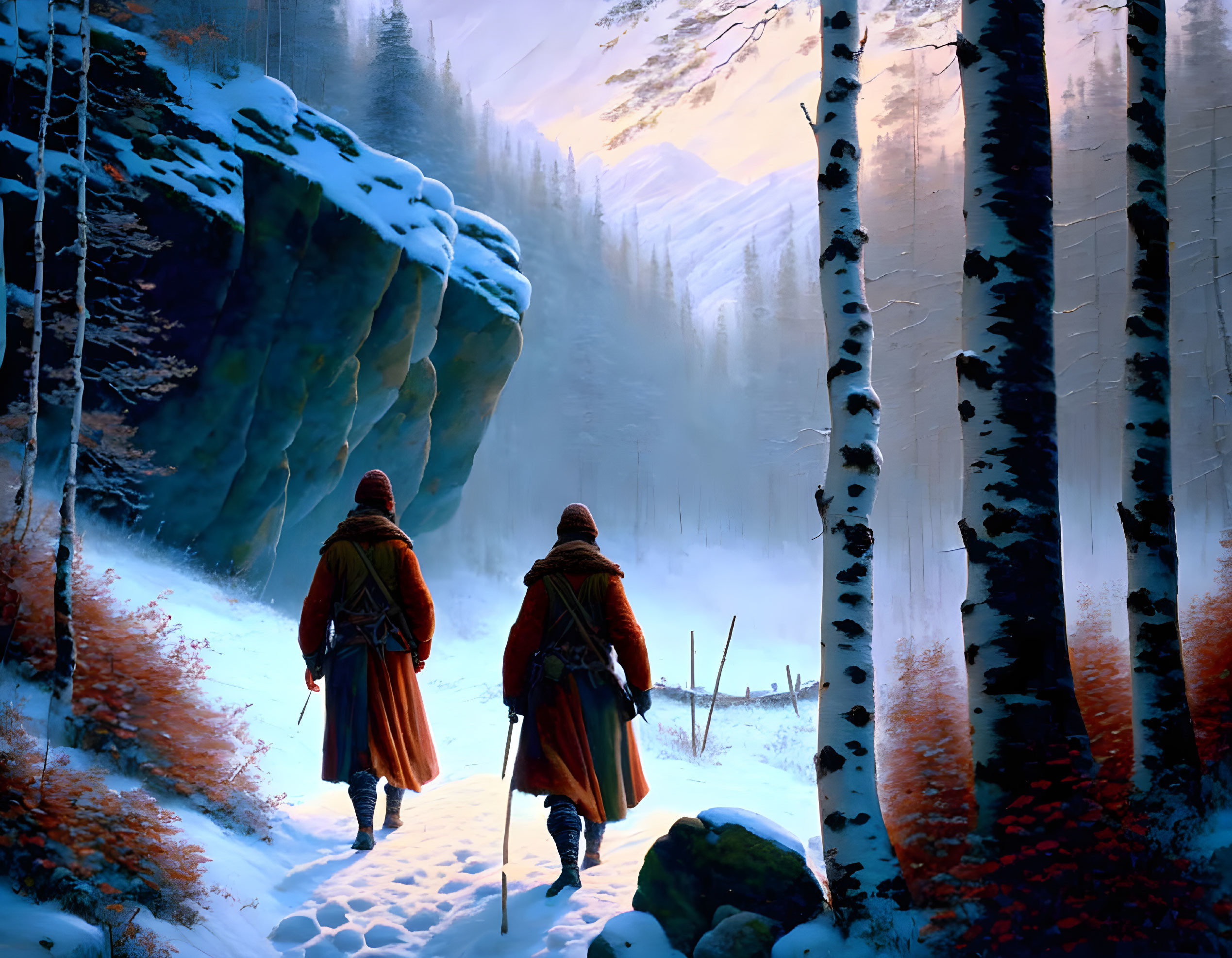  Winter time,oil painting of two adventurers