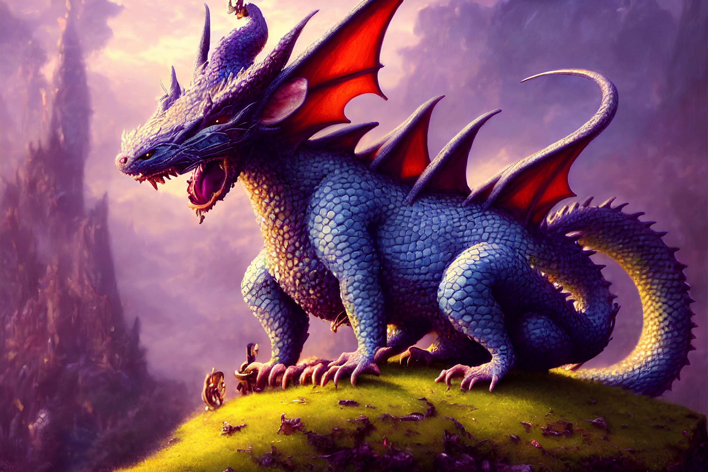Blue-scaled Dragon with Red Wings on Hill in Mystical Forest