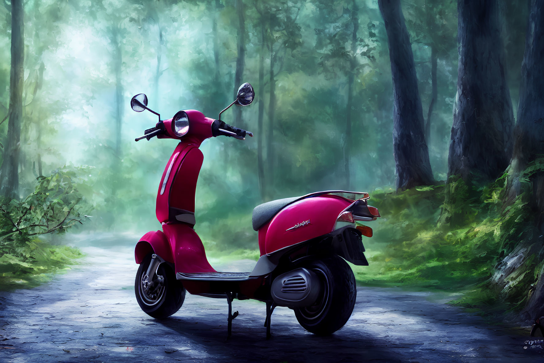 Red Scooter on Misty Forest Path in Soft Light