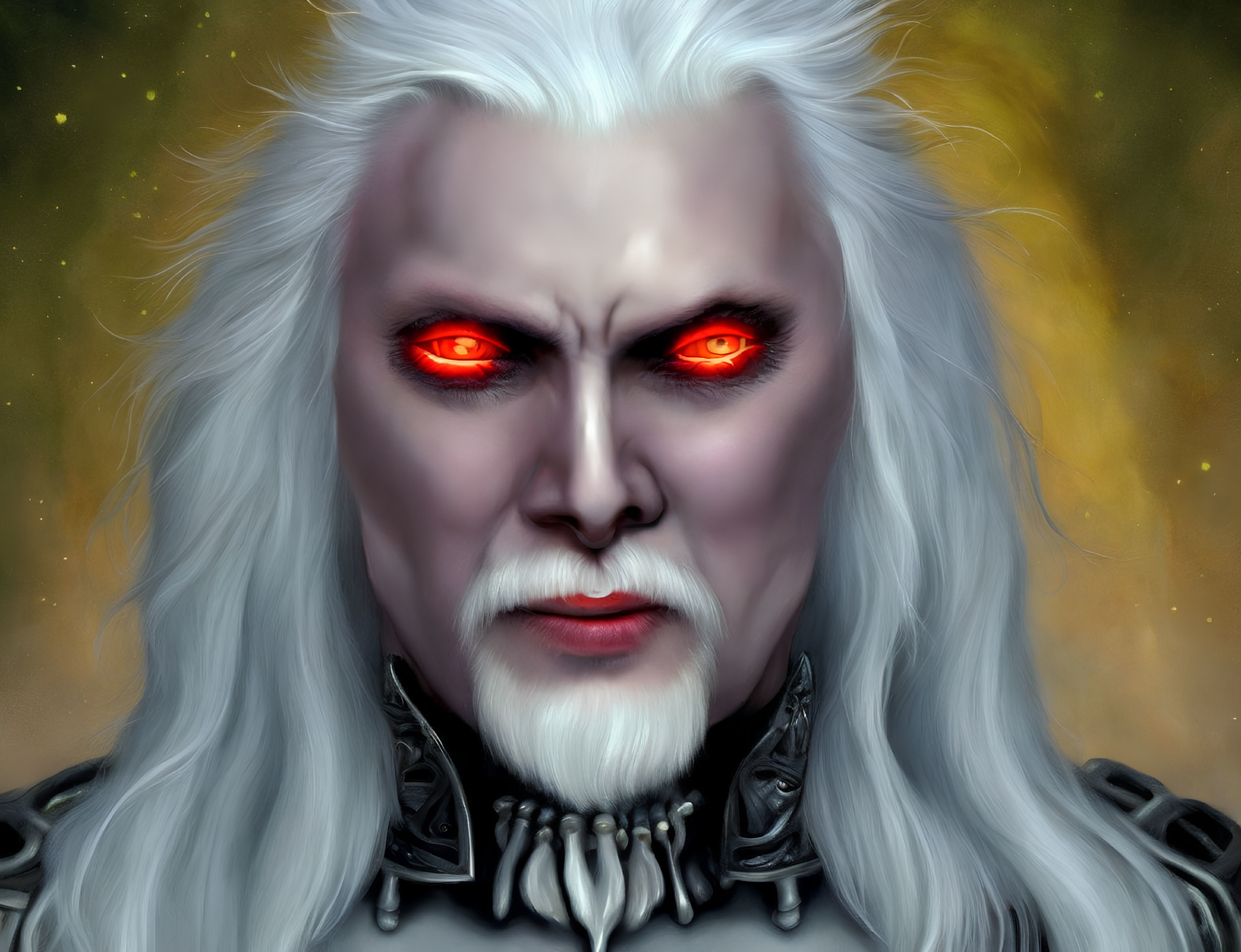 Fantasy character portrait with red eyes, white hair, and pale skin on golden background