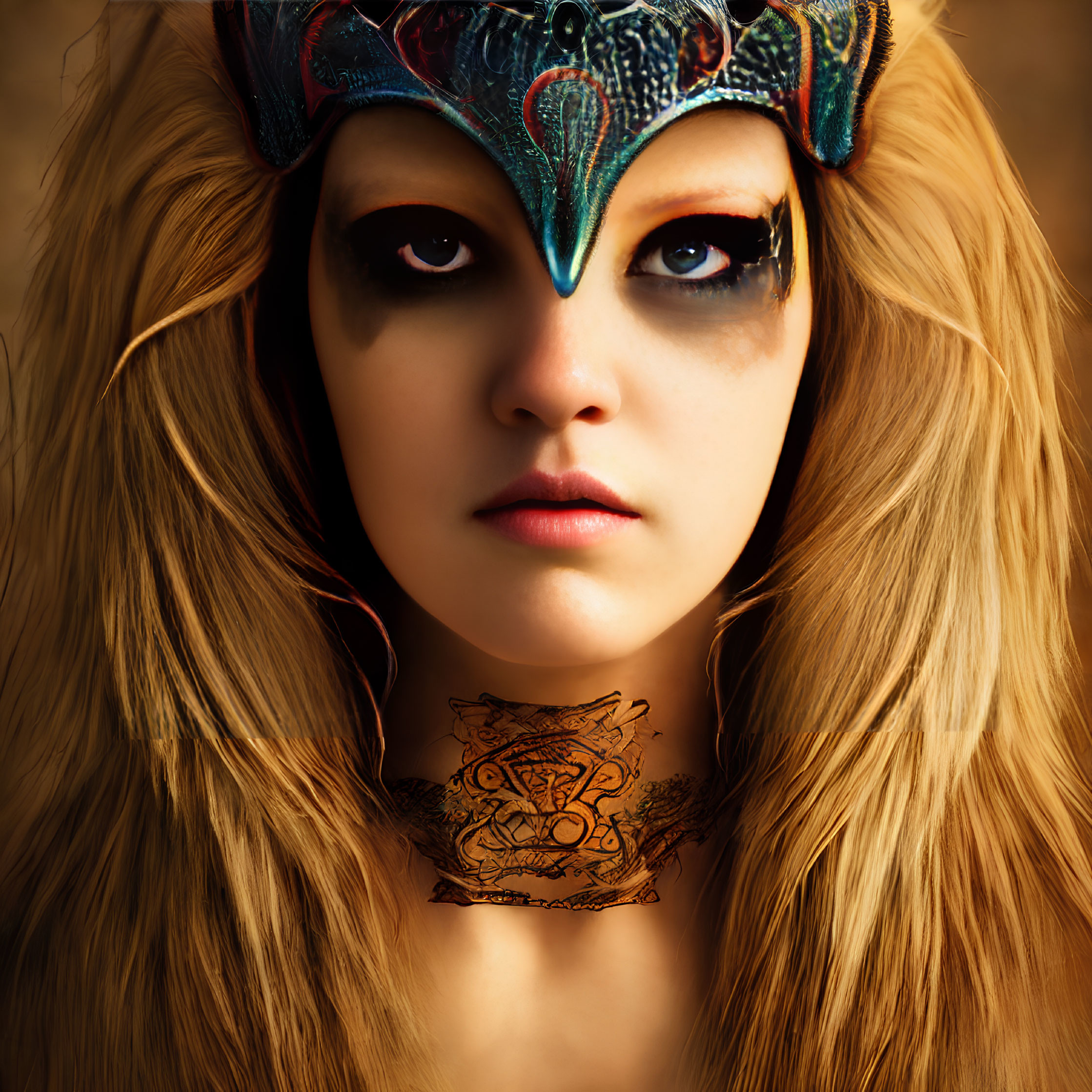 Intense gaze person with detailed mask, tribal neck tattoo, and mane-like hair on warm backdrop