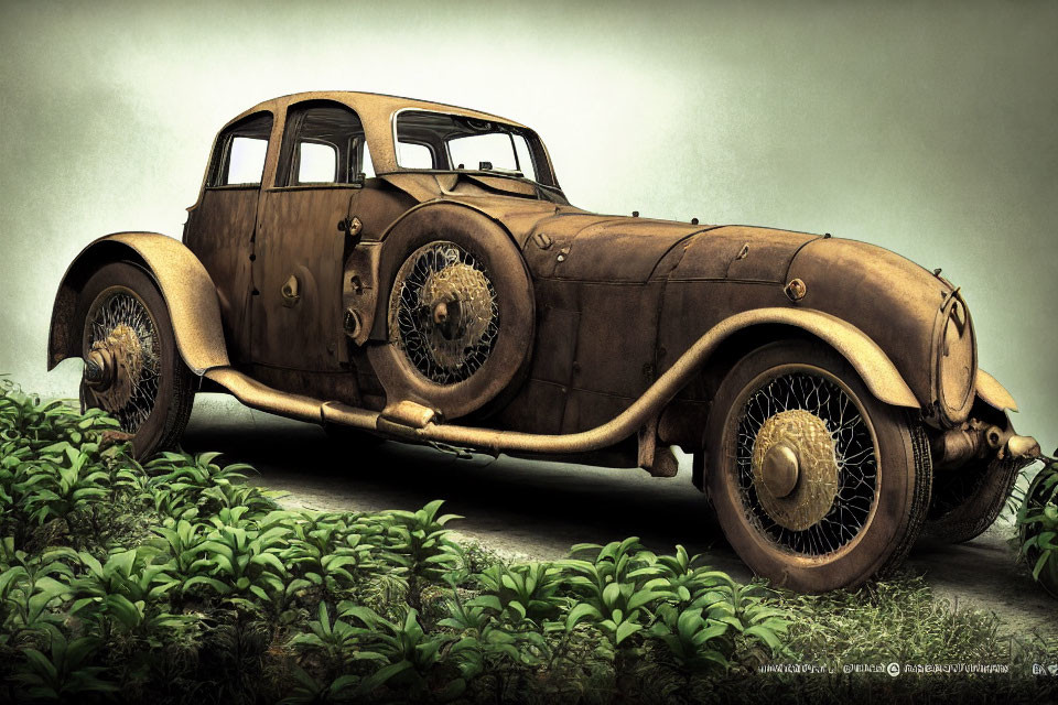 Digitally rendered vintage car with intricate patterns on green foliage