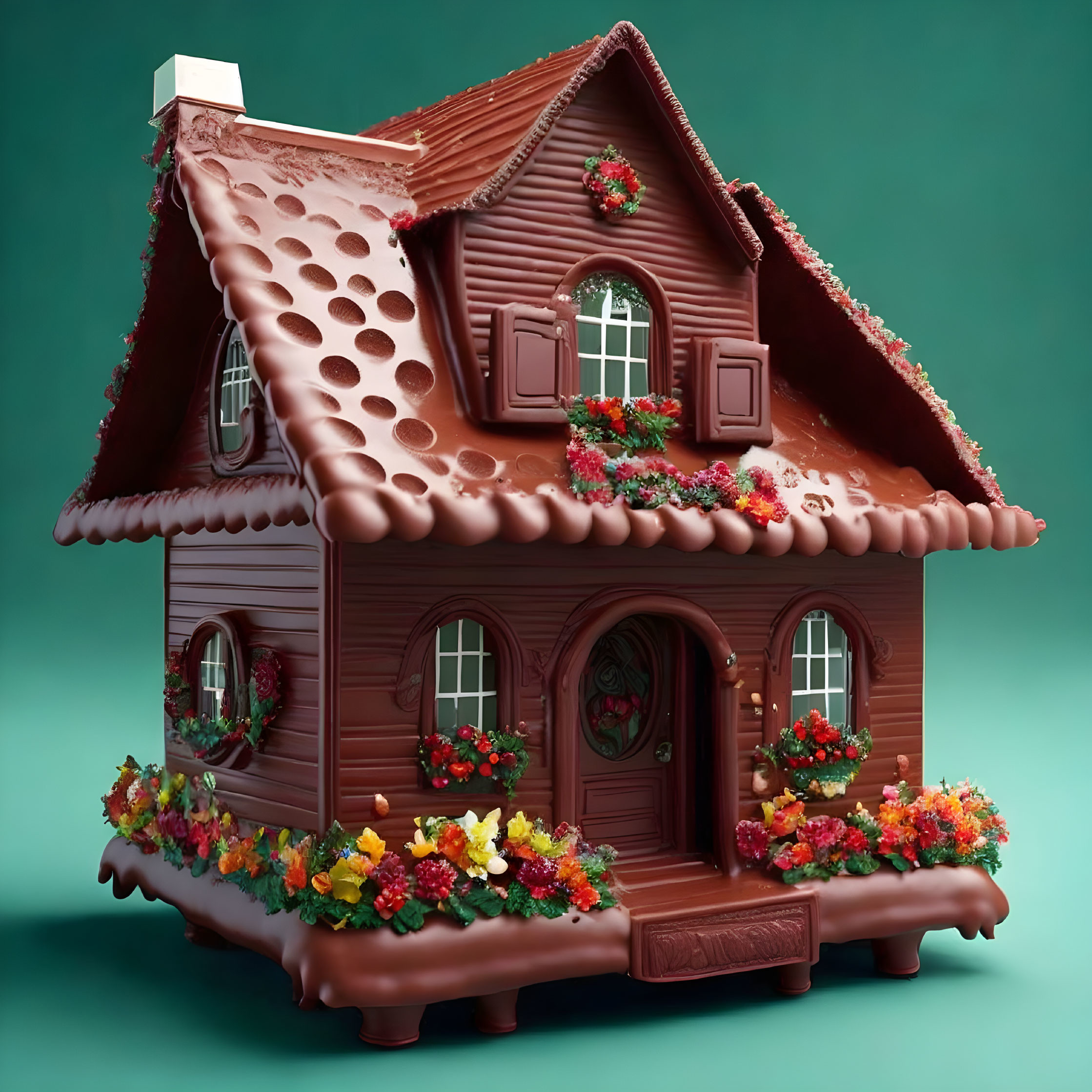 Whimsical chocolate house with shingled roof and flower boxes