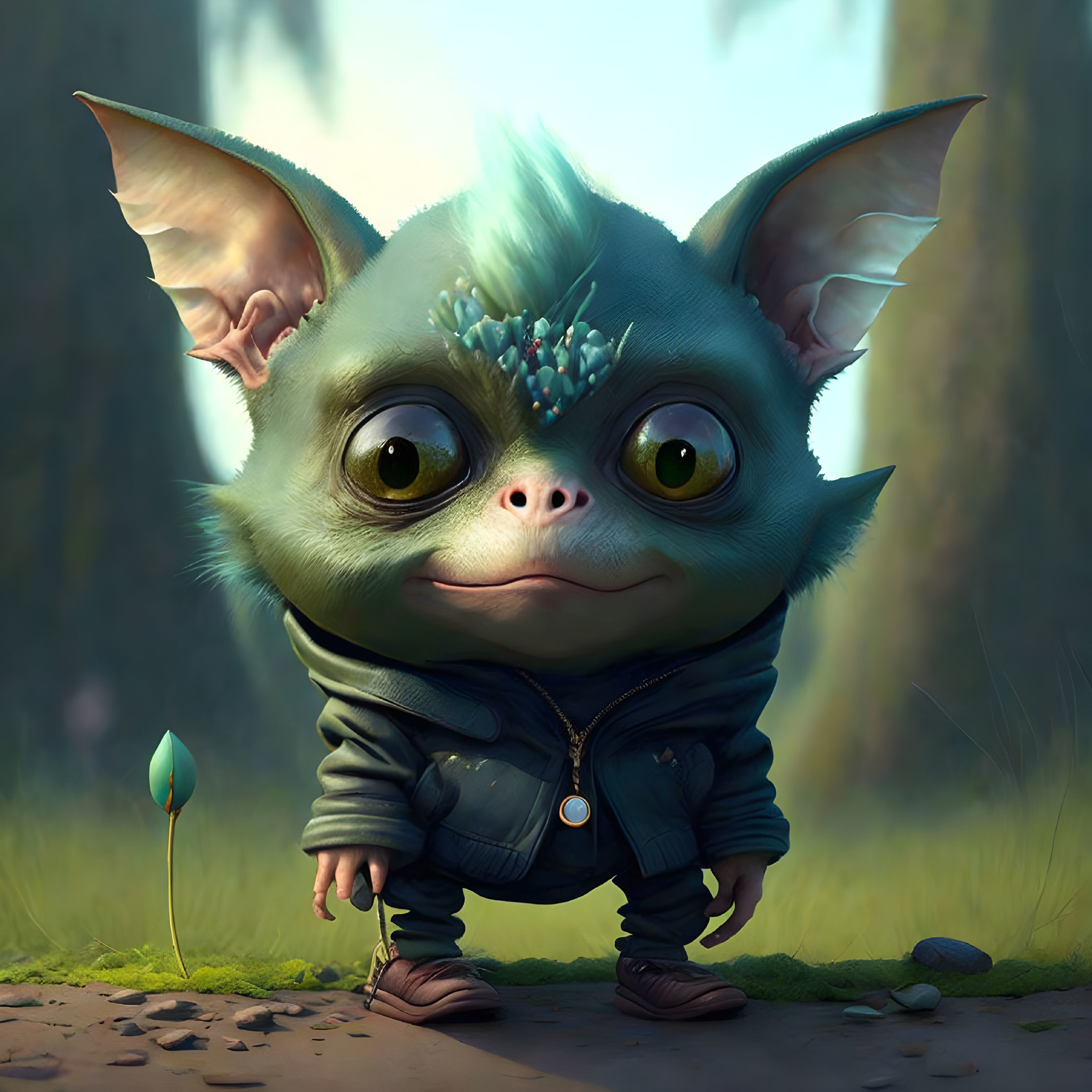 Whimsical creature with large ears in forest setting