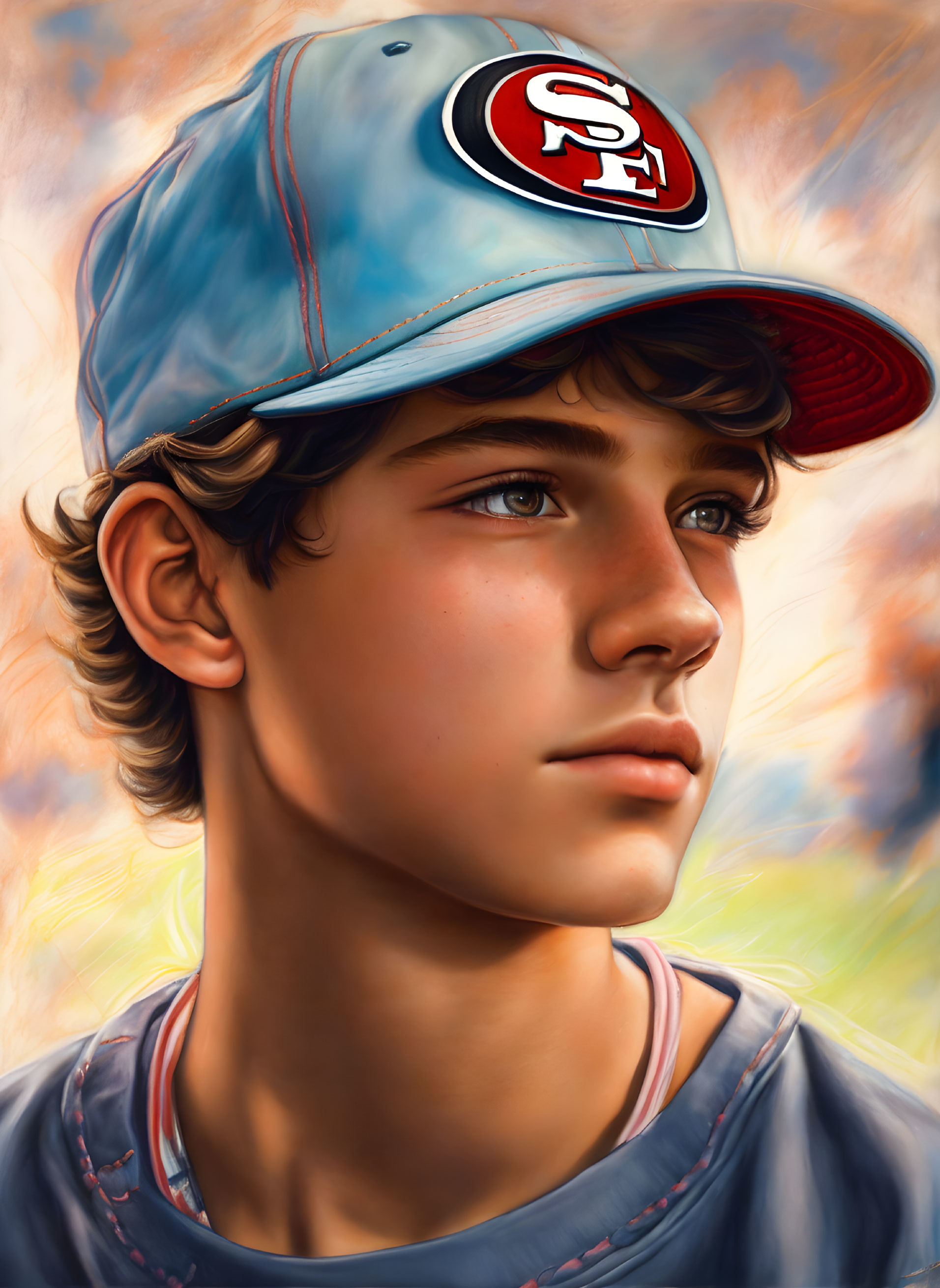 Teenage boy, has a baseball 49ers cap on