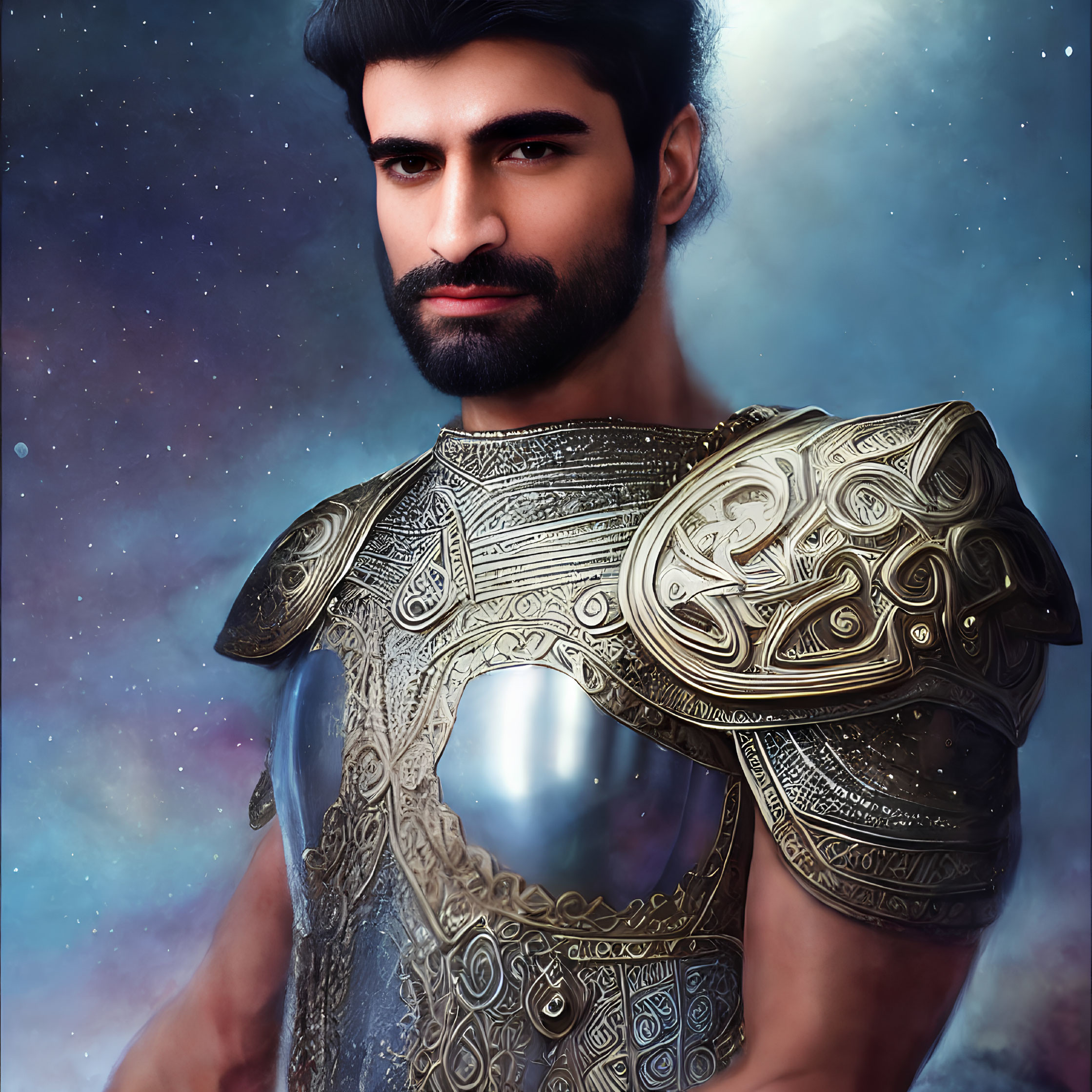 Detailed digital artwork: man in ancient armor with cosmic backdrop