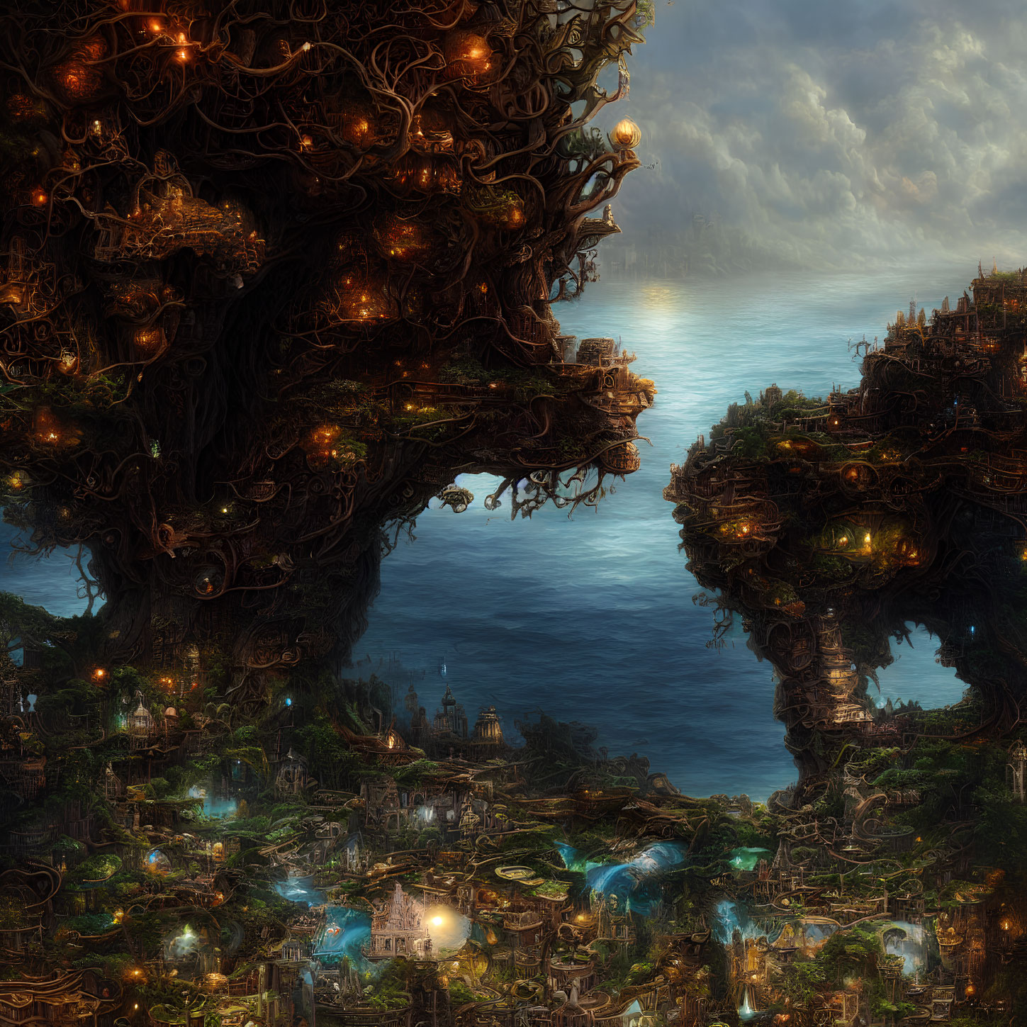 Majestic fantasy landscape with colossal trees, glowing cities, and flying creatures