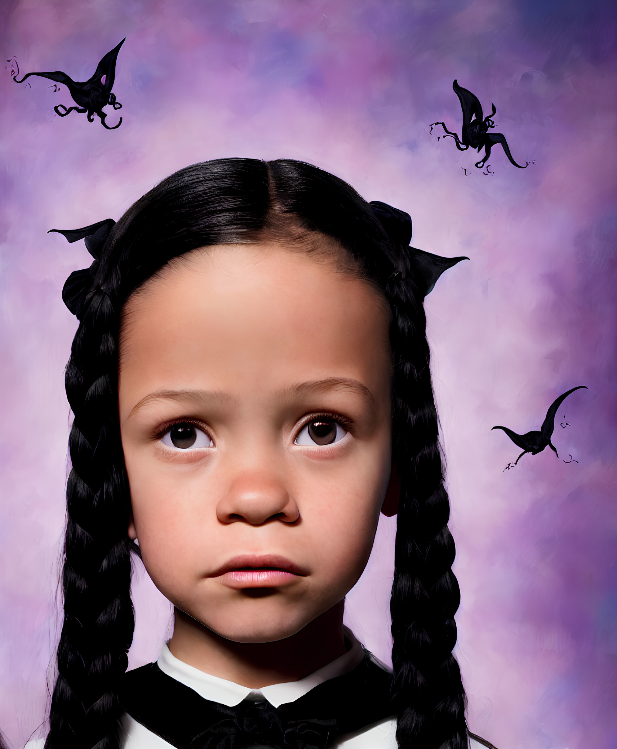Serious young girl with braided hair in black dress, bats on purple background