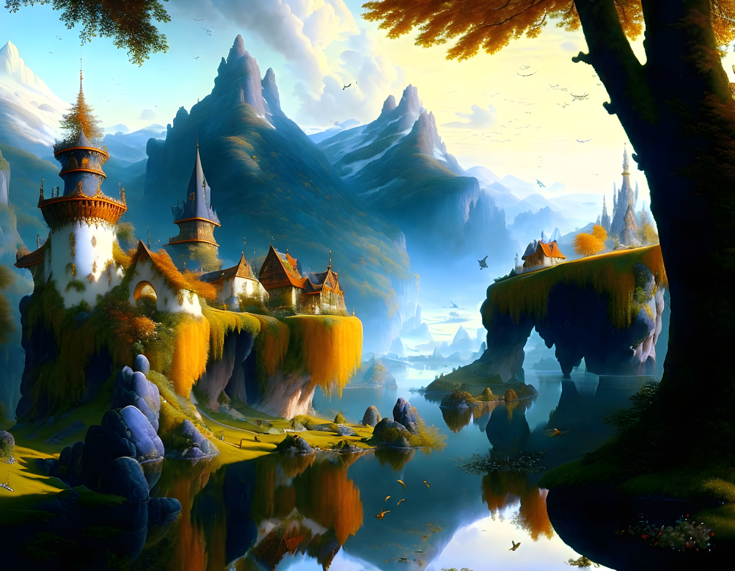 Majestic castles on floating islands above serene lake and mountains under golden sky