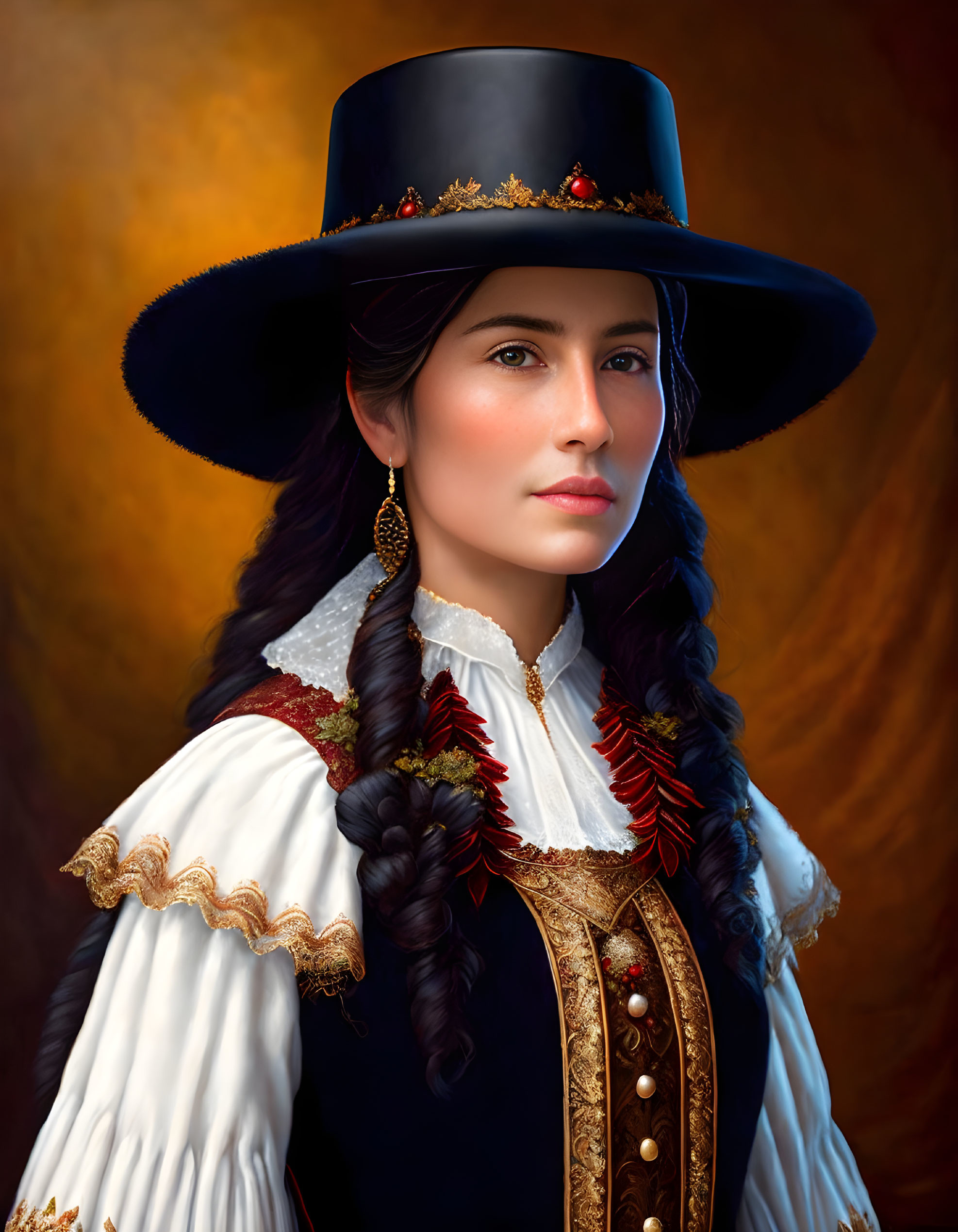 Woman portrait with braided hairstyle, wide-brimmed hat, floral adornments, ruffled sleeves