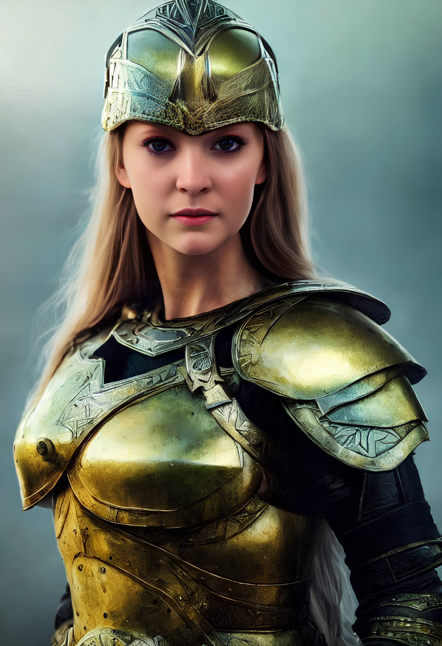 Detailed Golden Armor Woman in Stern Expression against Blurred Background