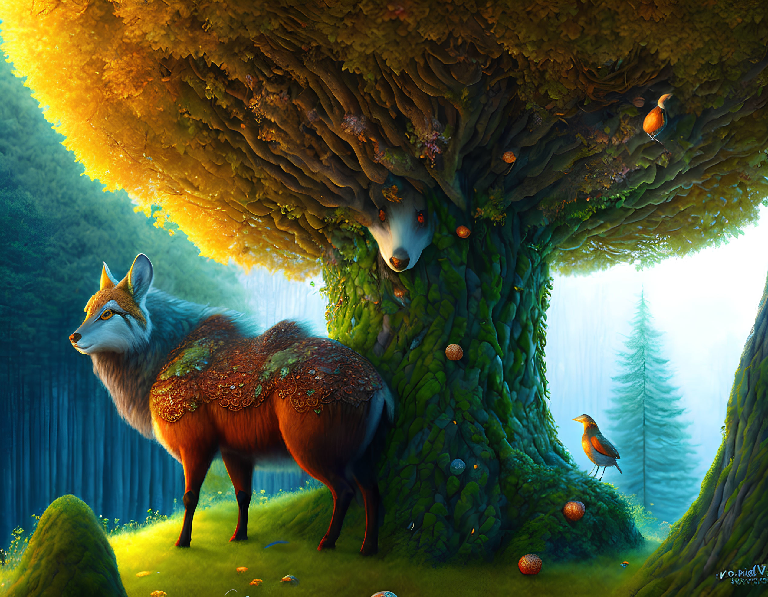 Colorful digital artwork of mystic forest with fantastical foxes and glowing fruit