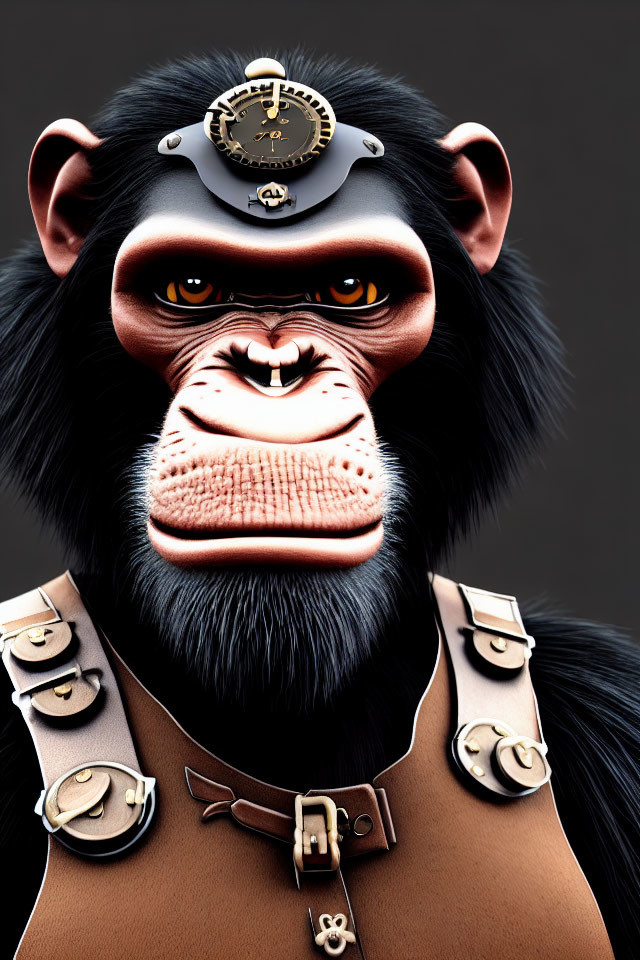 Detailed Digital Illustration of Chimpanzee with Human-Like Eyes in Monocle & Leather Harness