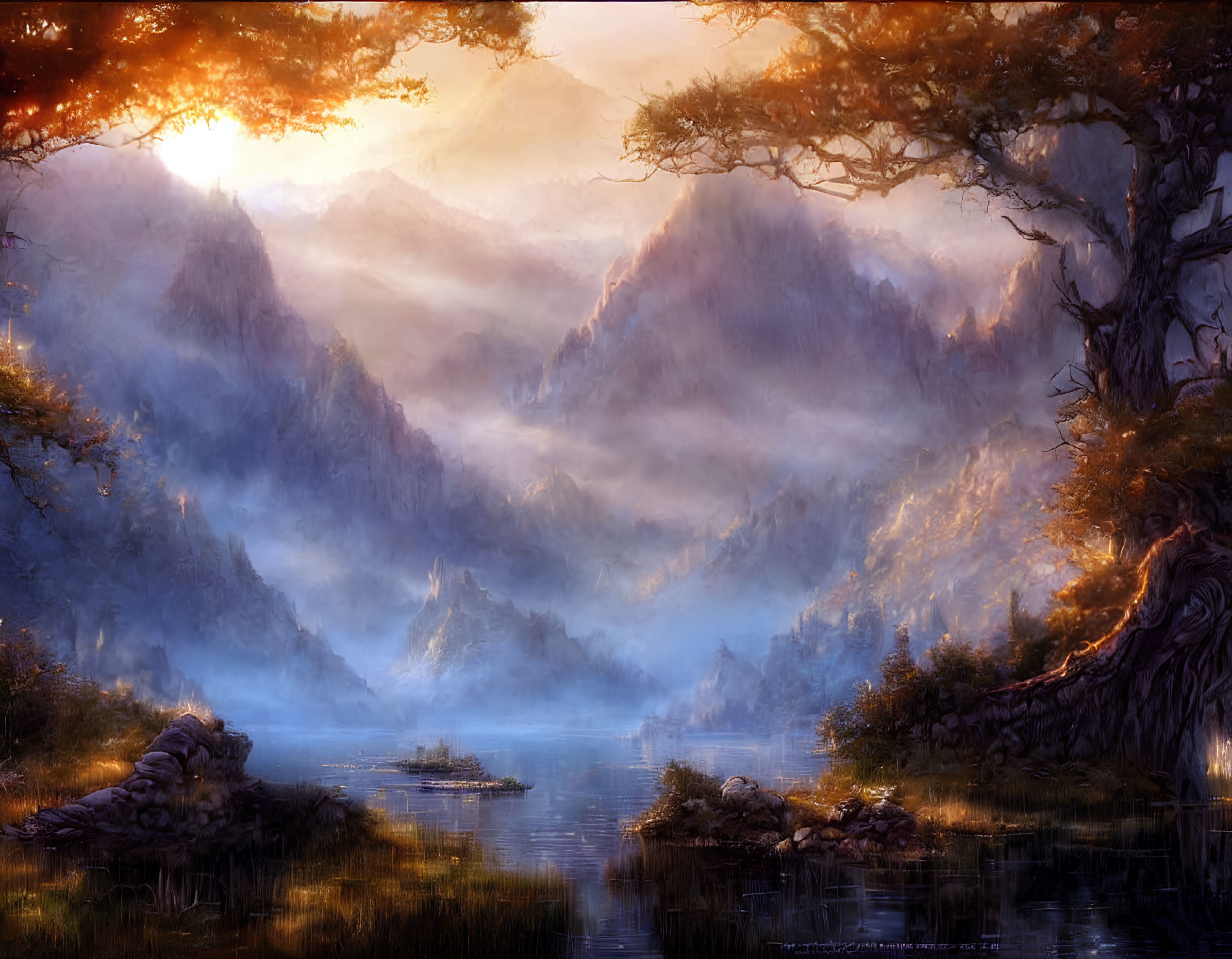 Serene fantasy landscape with glowing sunset, mountains, reflective water, ancient trees