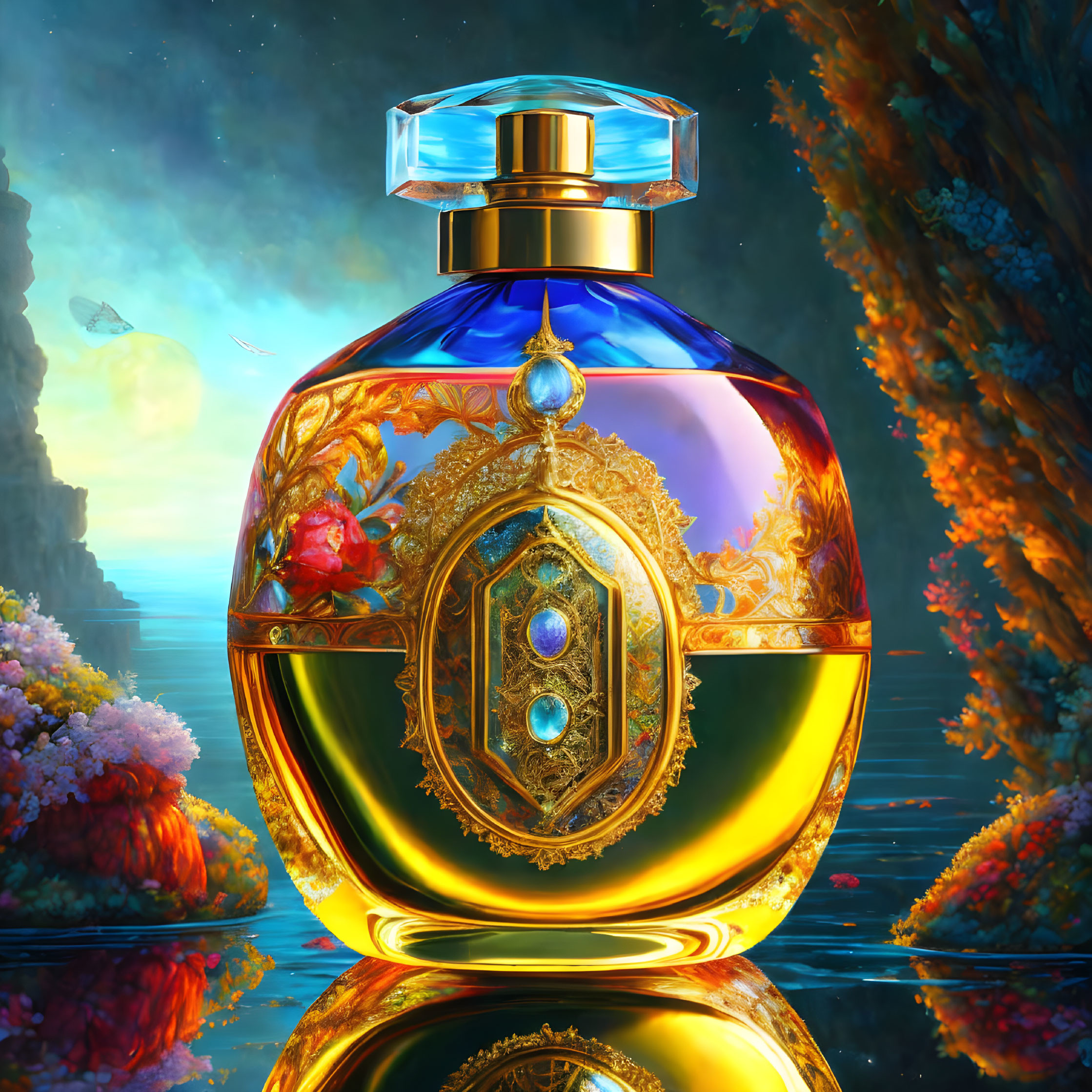Intricate Gold and Jewel Perfume Bottle on Colorful Landscape