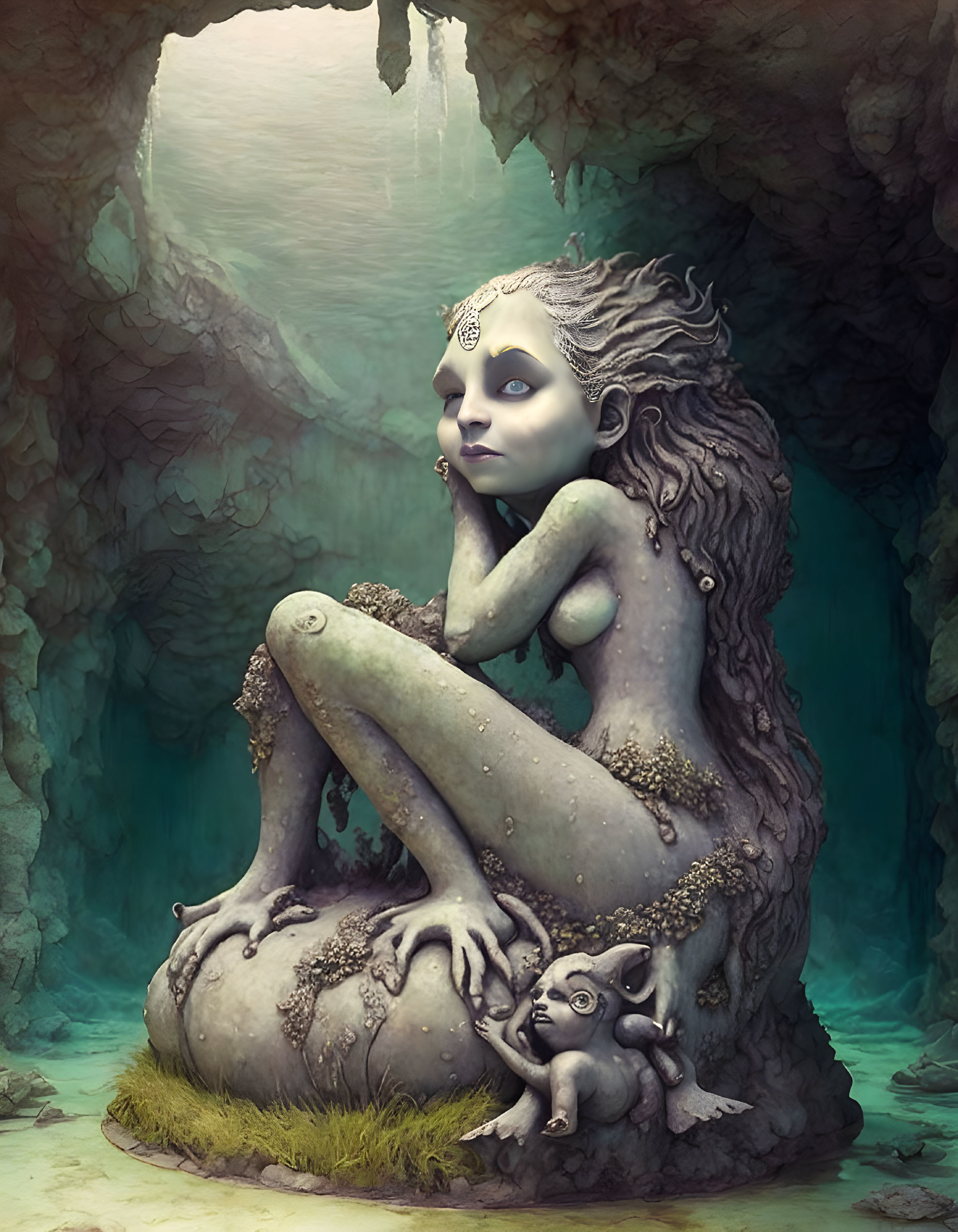 Moss-covered fantasy creature with small companion in mystical cave