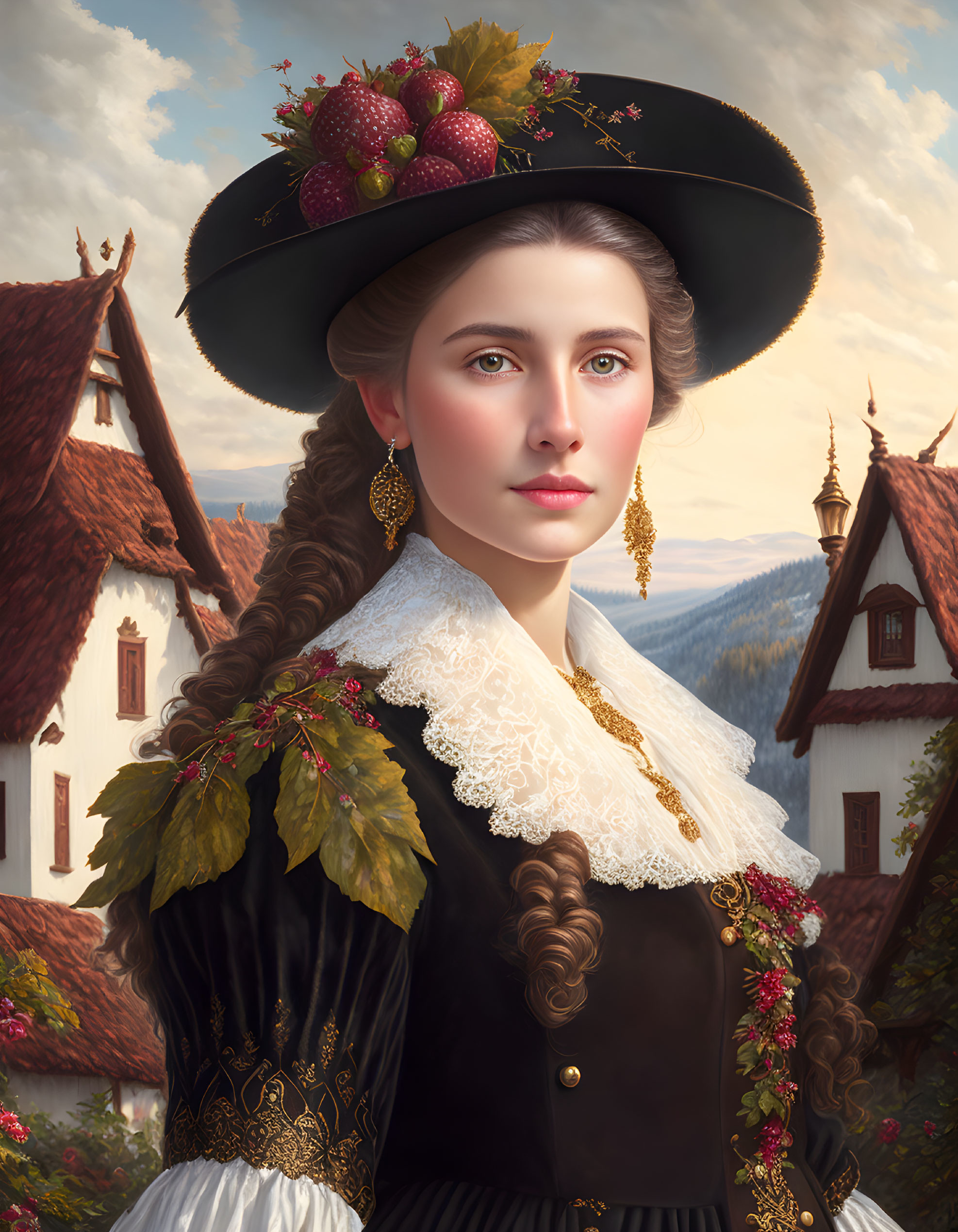 Portrait of woman with braided hair, traditional hat, lace collar, and alpine backdrop