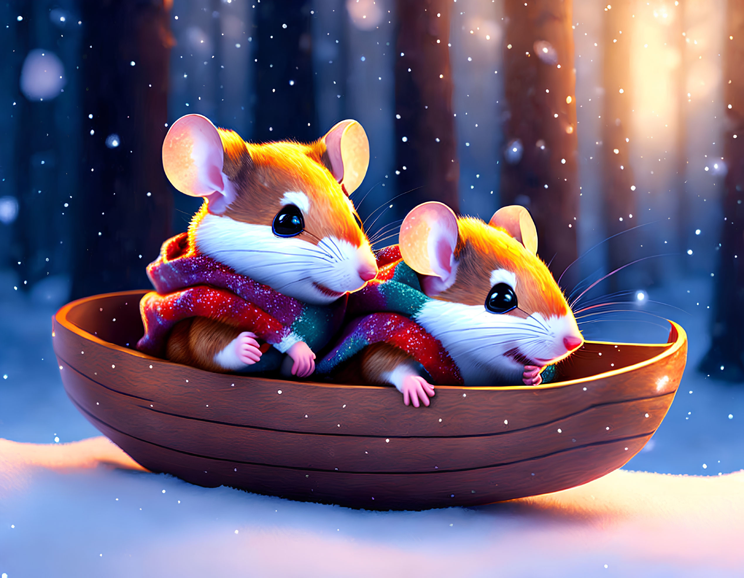 Illustrated mice in colorful scarf inside snowy forest bowl