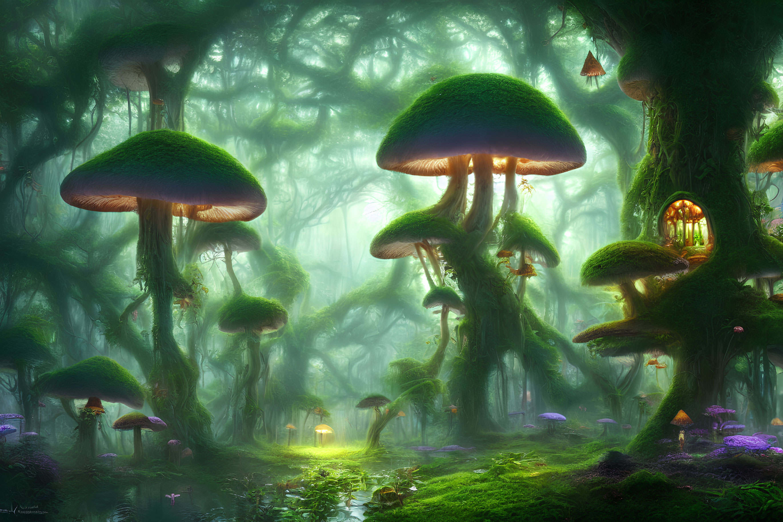 Enchanted forest with oversized glowing mushrooms and lantern lights